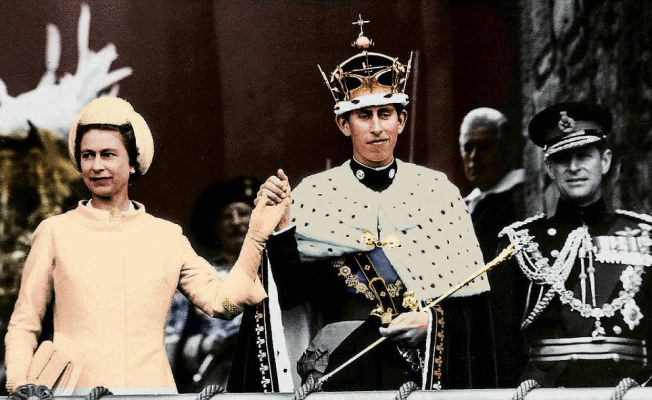 Investiture of Prince Charles at Caernarvon Castle with Queen Elizabeth and Prince Philip July 1969